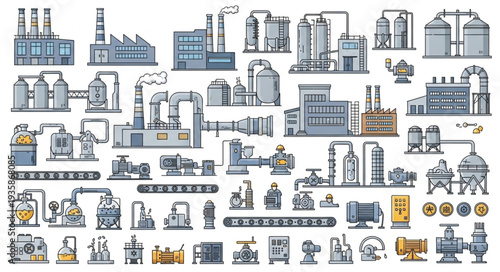 Collection of Industrial Factory and Plant Icons and Illustrations.
