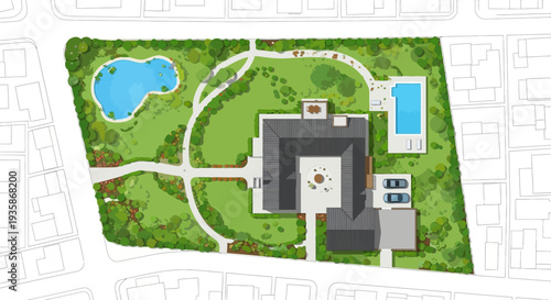Architectural plan depicting a luxury estate with pools and landscaping