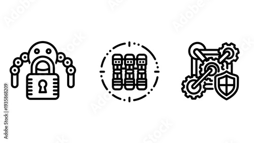 Security icons: padlock with chains, server stack, and shield with gears, representing data protection, network security, and secure technology.