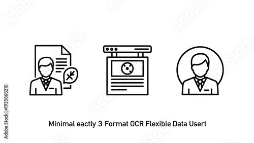 Minimalist icons for data processing and user interaction: a person with a document and a cross mark, a computer screen with a circular graphic, and a user profile portrait, representing data entry, d