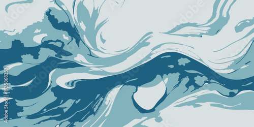 Abstract blue vector illustration of ocean waves and sea splashes with a seamless floral pattern and cartoon fish under a summer sky for a decorative nature wallpaper design