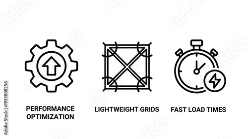 Performance optimization icons: gear with upward arrow, lightweight grid, and stopwatch with lightning bolt, symbolizing speed, efficiency, and fast loading times for web and technology.