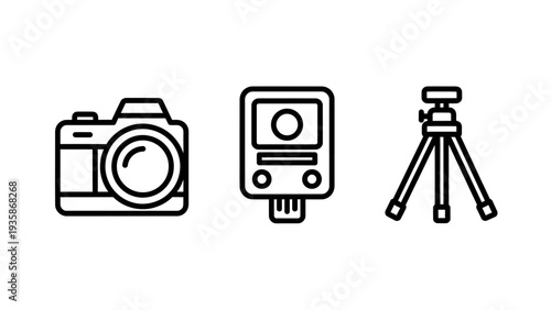 Photography equipment icons: camera, flash unit, and tripod, representing digital photography, videography, and content creation tools for professionals and hobbyists.