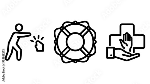 Icons representing help and support: pushing a button for action, a lifebuoy for rescue, and a hand offering a medical cross for aid.