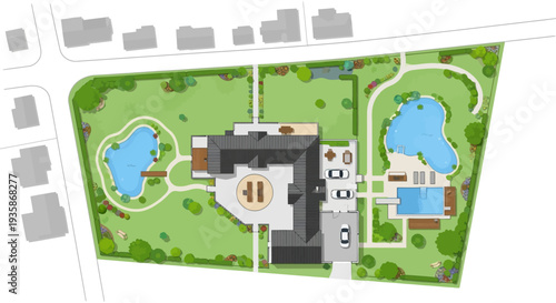 Architectural plan of a luxury estate featuring a house pool and ponds