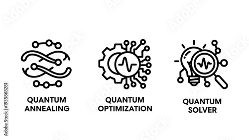 Quantum technology icons: annealing, optimization, and solver solutions for complex problems, represented with abstract geometric shapes and circuit elements.