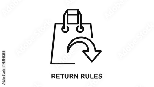 Return policy icon: shopping bag with a circular arrow, symbolizing product returns, customer service, and exchange procedures for e-commerce businesses.