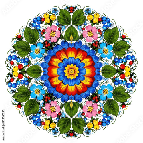 A vibrant and intricate mandala design with colorful flowers and geometric patterns