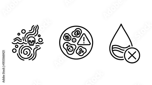 Icons representing pollution and health hazards: toxic waste symbol, bacteria in petri dish, and contaminated water drop with cross. Scientific and environmental warning graphics.