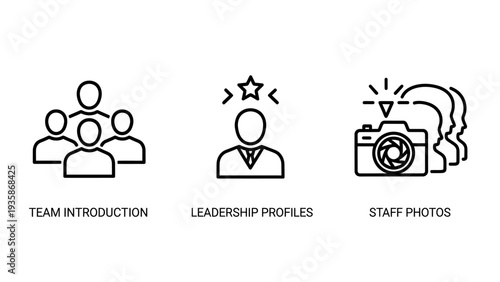 Outline icons for team building and HR: group of people, leader with star, and staff photos with camera. Perfect for corporate profiles, recruitment, and human resources.