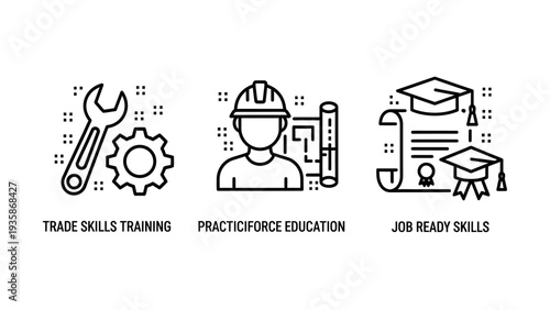Icons for vocational training and careers: wrench and gear for trade skills, engineer with blueprint for practical education, and graduation caps for job-ready skills. Education and industry graphics.
