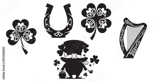 St patrick's day shamrock celtic knot harp leprechaun pot of gold vector illustration setSt patrick's day shamrock celtic knot harp leprechaun pot of gold vector illustration set
