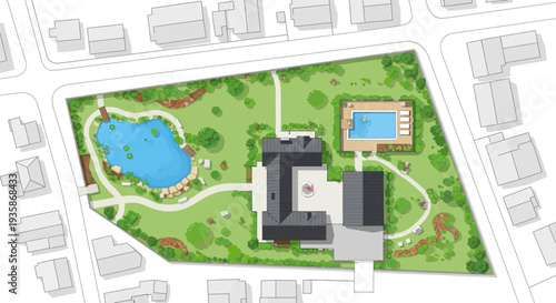 Architectural plan showcasing a luxury estate with a pool and landscaped gardens