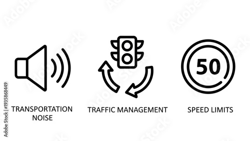 Icons related to traffic management and city planning: sound waves for transportation noise, traffic light cycle, and speed limit sign. Graphics for urban environment and regulations.