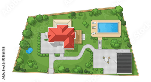 Aerial view of a residential property with a house pool and garden