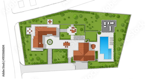 Architectural plan of a luxury estate with a pool and gardens