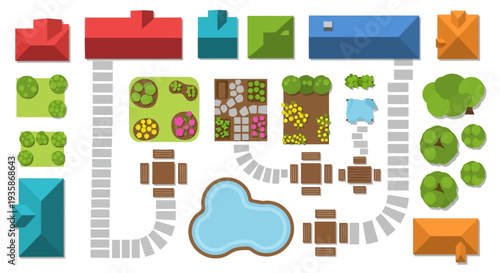 Aerial view of a colorful simplified residential landscape plan