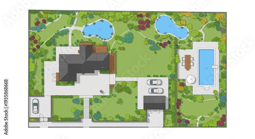 Aerial view of a luxury estate with a pool garden and multiple buildings