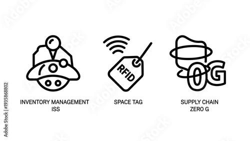 Advanced supply chain management line icons featuring inventory, RFID tags, and zero-G logistics for modern commerce and space exploration concepts.