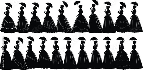 Victorian women silhouette collection with umbrellas, vintage ladies in elegant dresses set, historical fashion figures black silhouette vector illustration isolated