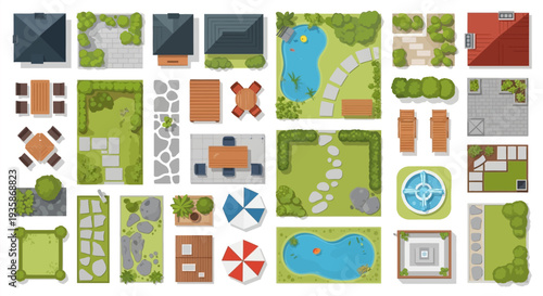 Aerial view of various building and landscape architectural elements