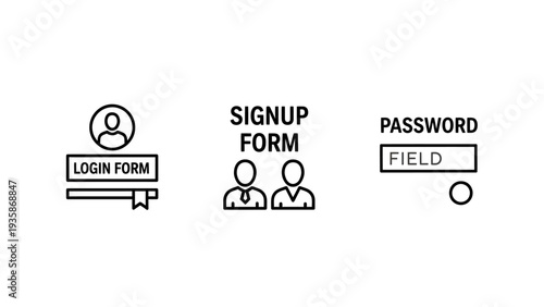 User Account Authentication Line Icons: Login Form, Sign-up, and Password Field Symbols for Web and App Interface Design