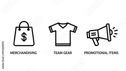 Retail and Branding Line Icons Set: Merchandising, Team Gear, and Promotional Items Symbols for Business Marketing