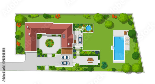 Top down view of a modern house with landscaped garden and pool