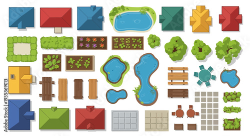 Aerial view of colorful building blocks and landscape elements