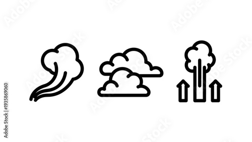 Industrial Smoke, Clouds, and Air Pollution Icons Representing Environmental Issues and Atmospheric Elements