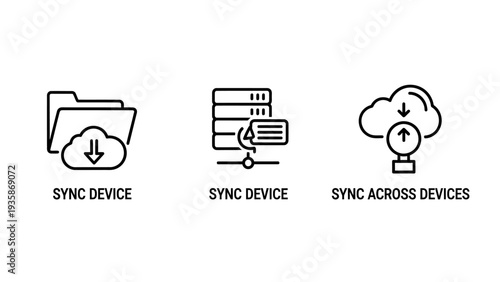 Data Synchronization Across Devices Icon Set: Folder Download, Server Connection, and Cloud Sync for Digital Systems.