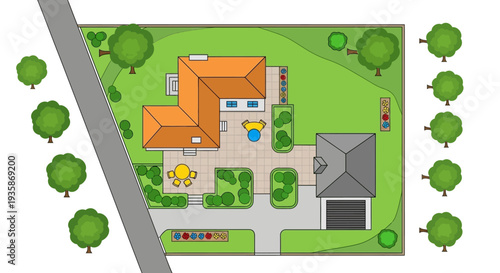 Overhead view of a house with garden driveway and surrounding landscaping