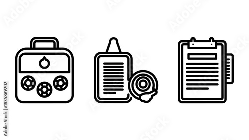 Collection of medical blood donation, historical document scroll, and modern clipboard line icons for diverse administrative and healthcare concepts.