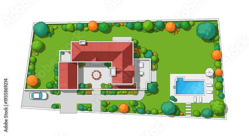 Aerial view of a house with a garden pool and surrounding landscape