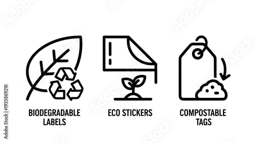 Eco-friendly biodegradable labels, sustainable eco stickers, and compostable product tags line icons for green packaging and environmental branding.
