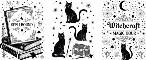 Witchcraft magic illustration set with black cats spellbook wand and stars, mystical witch elements collection, occult symbols and magic hour typography vector design