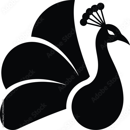Elegant abstract silhouette of a peacock with a majestic fan tail, embodying grace and natural splendor in a minimalist black and white graphic design