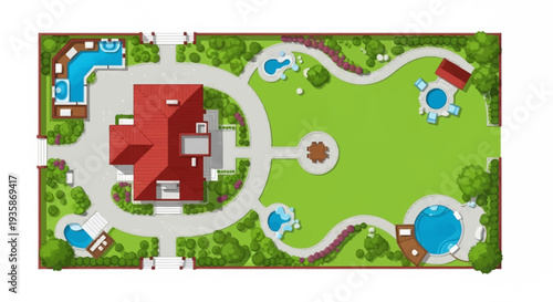 Aerial view of a luxury estate featuring a pool garden and house