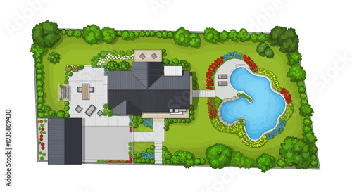 Overhead view of a modern house with a landscaped garden and pool