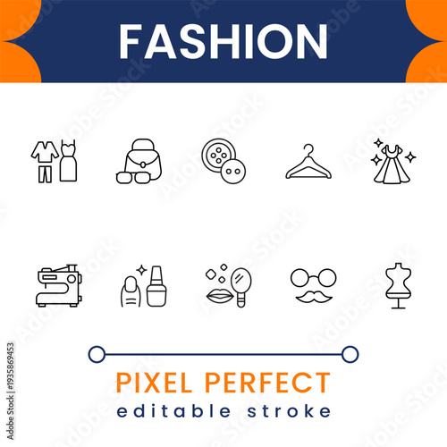 Flat fashion icon collection with clothing, accessories and boutique style symbols clean modern vector set