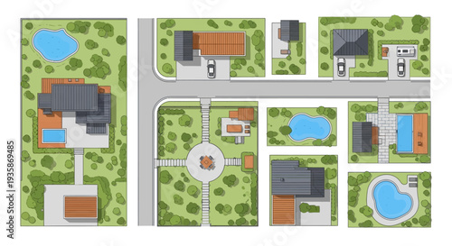 Aerial view of a residential neighborhood with houses and green spaces