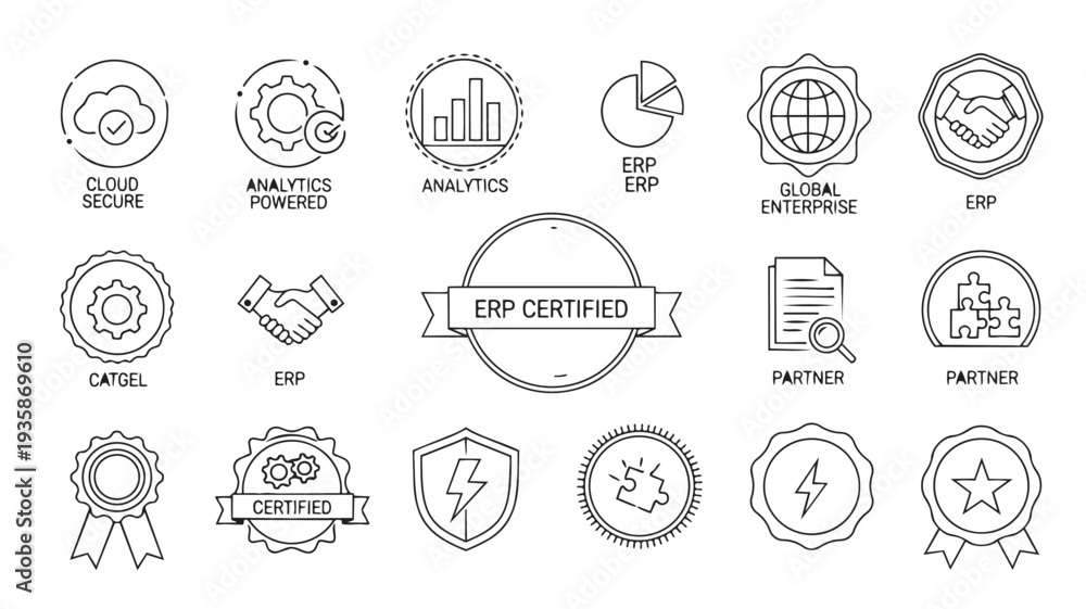 Fototapeta premium ERP Certified Icons Set in Minimalist Line Art Style with Simple Black and White Color Scheme on Clean White Background for Business Infographics
