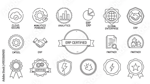 ERP Certified Icons Set in Minimalist Line Art Style with Simple Black and White Color Scheme on Clean White Background for Business Infographics