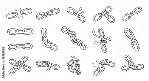 Collection of Hand Drawn Chain Links and Broken Chains.