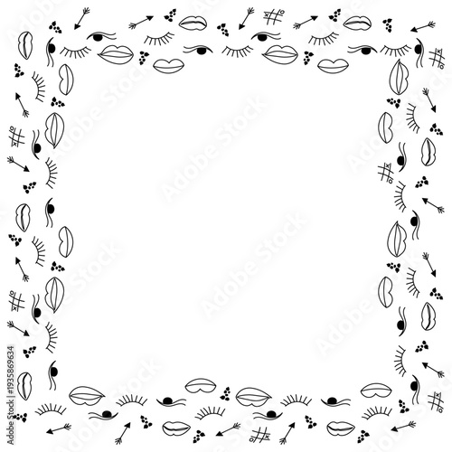 Makeup doodle frame with lips, eyes, arrows and tic tac toe symbols forming square monochrome border isolated on white background.
