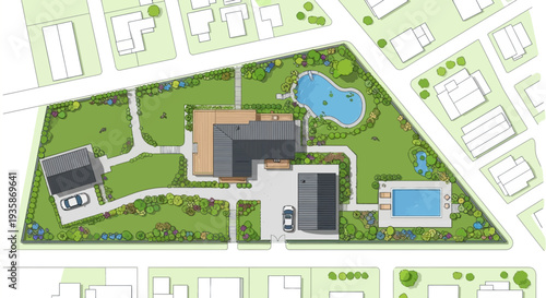 Architectural plan of a luxury property with garden and swimming pool