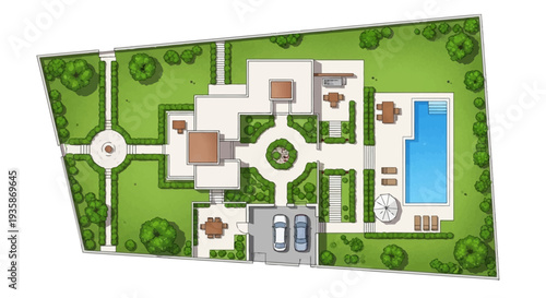 Architectural plan of a luxury estate with a pool and garden