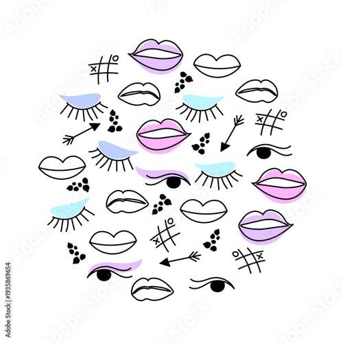 Makeup doodle round decorative colorful shape, composition with lips, eyes, arrows and tic tac toe isolated on white background