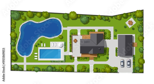 Aerial view of a luxury estate featuring a large pool and landscaping