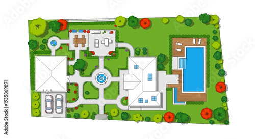 Aerial view of a luxurious residential property with a pool and landscaping